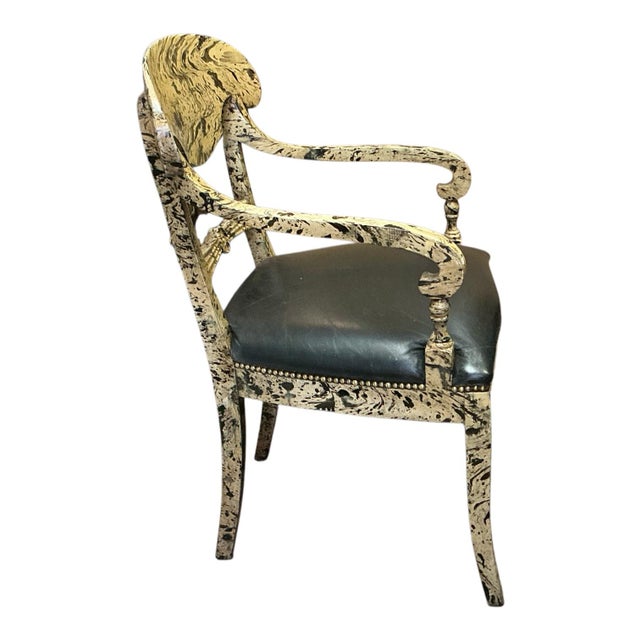 1970s 1970s Regency Style Faux Marbleized Painted Arm Desk Chair W/ Black Leather For Sale - Image 5 of 9