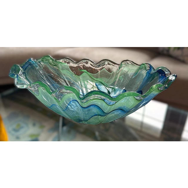 Glass Murano Green and Blue Scalloped Large Glass Statement Bowl For Sale - Image 7 of 10