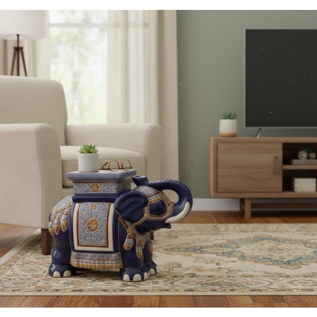 Blue Vintage Cobalt Blue & Gold Ceramic Elephant Garden Stool / Drinks Table For Sale - Image 8 of 8