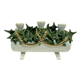 1970s Vintage Ceramic Yule Log Candelabra/ Candlestick Holder For Sale