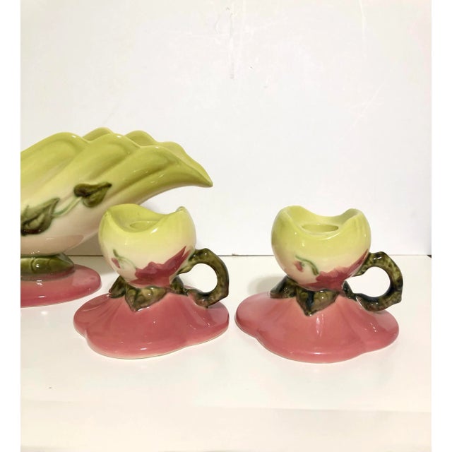 Beautiful vintage 3-piece set of American-made Hull pottery console bowl and 2 candle holders, shades of green and mauve....