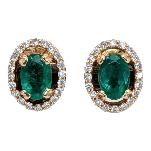 Emerald Stud Earrings w Natural Diamond Halo in Solid 14K Yellow Gold | OV 6x4mm For Sale