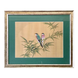 Chinese Birds on Bamboo Framed Gouache Painting on Silk in Gold Frame For Sale