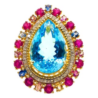 Bochic “Capri” Vintage Ruby, Sapphires & Diamond Ring Set In 18K Gold & Silver For Sale