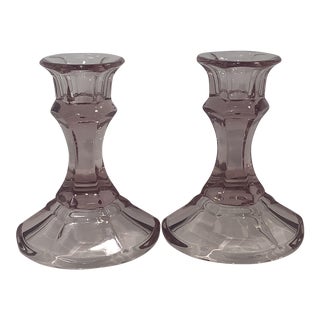 1940s Depression Era Pressed Indiana Glass Company Candle Holders in Pale Amethyst - a Pair For Sale