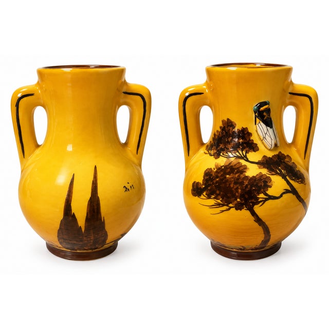 French Provincial Vintage French Provençal Cicada Vase Attributed to Louis Sicard – Hand-Painted Yellow Glazed Pottery For Sale - Image 3 of 4