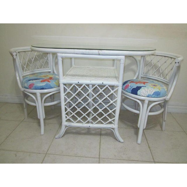 1990s Bamboo Rattan Dinette Set Oval Table Two Chairs Honeymoon Set Curved Back Chair - Set of 3 For Sale - Image 10 of 12