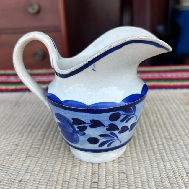 American Antique Staffordshire Leeds Pearlware Blue Decorated Creamer, 1820’s For Sale - Image 3 of 12