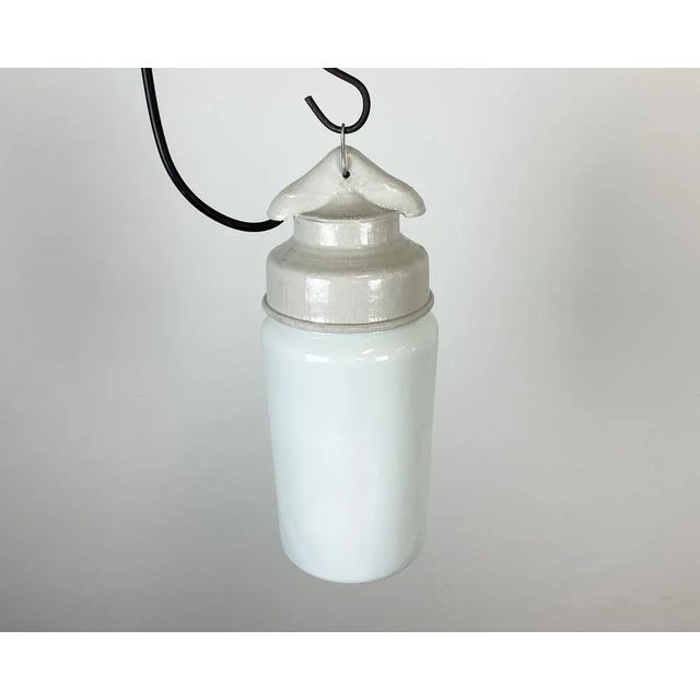 1970s Industrial White Porcelain Pendant Light with Milk Glass, 1970s For Sale - Image 5 of 13