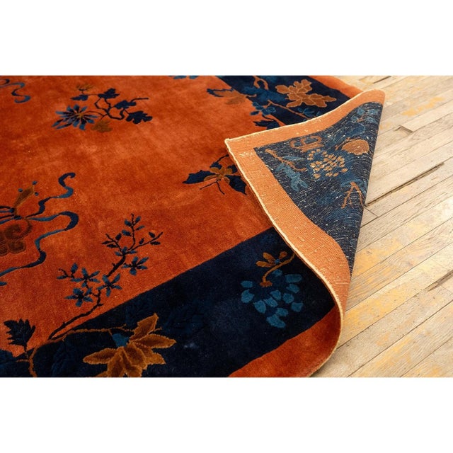 1920s Antique Orange Vase Floral Buterfly Chinese Handknotted Art Deco Wool Rug For Sale - Image 9 of 9