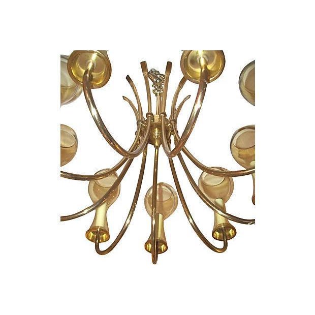 Mid-Century Modern Mid-Century Brass Chandelier 9 Light Amber Glass For Sale - Image 3 of 3