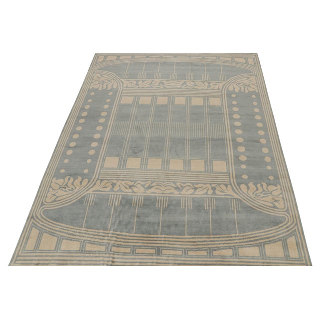 Art Deco Rug & Kilim’s French Art Deco style rug in Blue & Cream Geometric Patterns - 8x10 For Sale - Image 3 of 7
