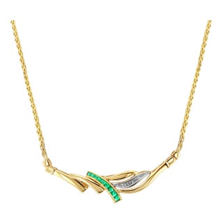 Half Carat Emerald & Diamond Necklace with Wheat Chain For Sale