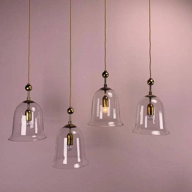 Bell-Shaped Glass Lamps with Brass Frames, 1970s, Set of 4 For Sale - Image 6 of 13