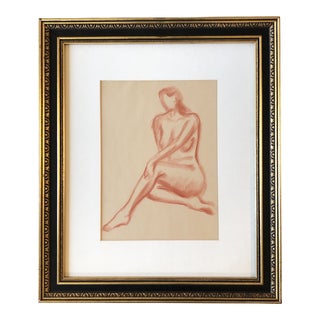 1940’s Art Deco Original Sepia Female Nude Study Drawing Vintage Frame For Sale