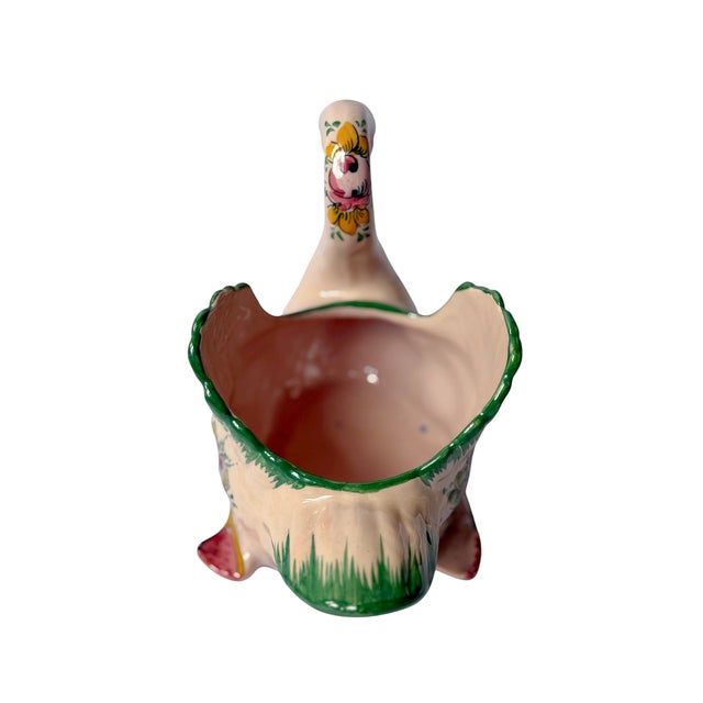 Vintage Portuguese Hand-Painted Pink Floral Ceramic Swan Planter For Sale - Image 4 of 7
