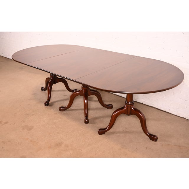 Wood Henkel Harris Georgian Solid Mahogany Monumental Triple Pedestal Extension Dining Table, Newly Refinished For Sale - Image 7 of 13