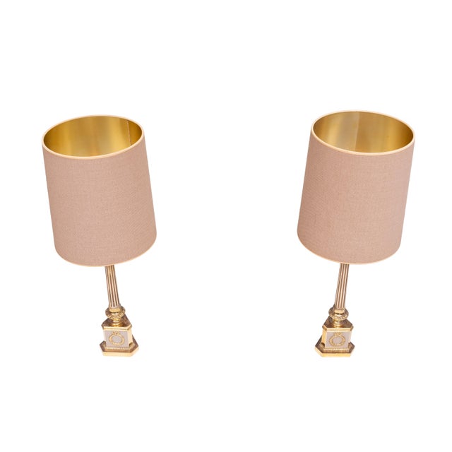 Traditional Antique Empire Brass Column Table Lamps, 1950s, Set of 2 For Sale - Image 3 of 9