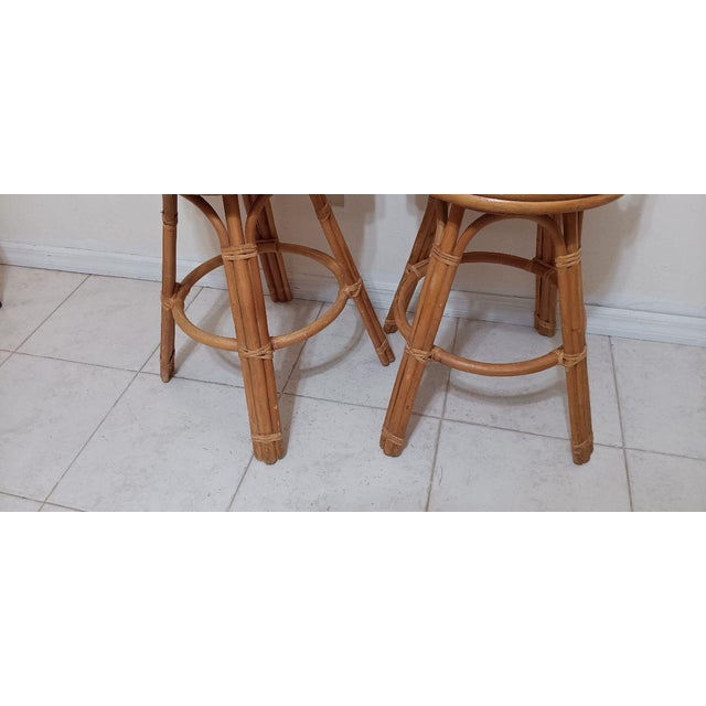 1980s Bamboo Wicker Rattan Swivel Barstool Beige Set of 2 For Sale - Image 4 of 6