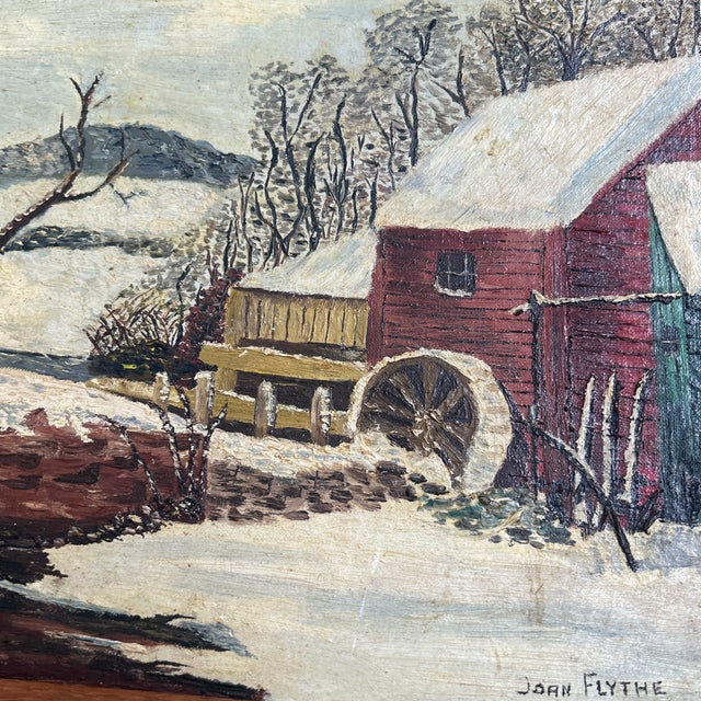 Rustic 1950’s Original Rustic Impressionist Snowy Barn Landscape Painting For Sale - Image 3 of 5