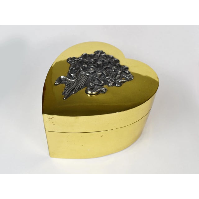 Vintage Gold Brass Heart Shape Trinket Jewelry Box With Flower For Sale - Image 11 of 11