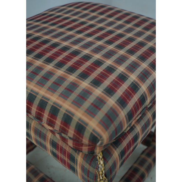 Pair Custom Upholstered Plaid Print Upholstered Square Stools For Sale - Image 12 of 13