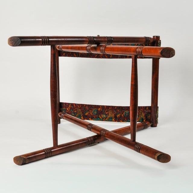 Antique Luggage Rack With Vintage Swan Embroidered Ribbon | Antique Butler's Table | Folding Suitcase Stand For Sale - Image 10 of 13