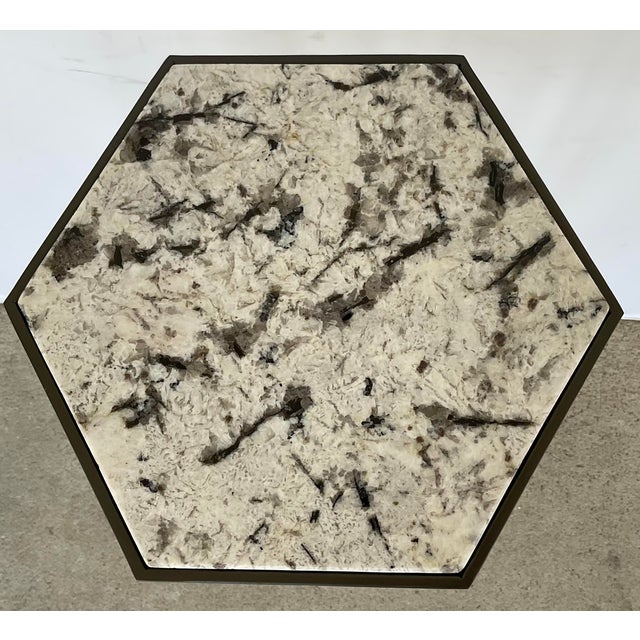 Modern Currey & Company Modern White and Taupe Marble Hexagonal Tosi Accent Table For Sale - Image 3 of 3