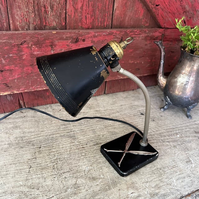 Metal 1930s Chase Brass & Copper Co. Art Deco Desk Lamp Black Shade & Feather Base For Sale - Image 7 of 17