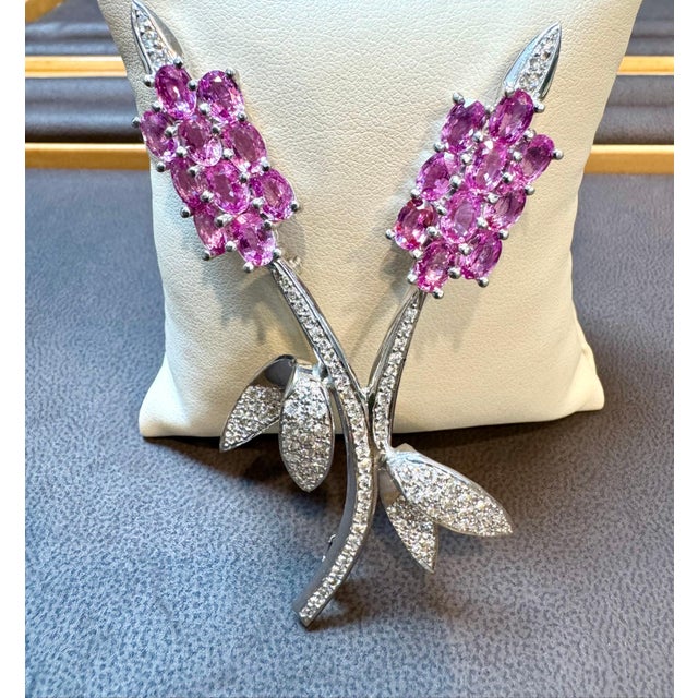 Contemporary Vintage 18 Kt White Gold Diamond & 13 Ct Pink Sapp Floral Bouquet Broach 23.2 GM For Sale - Image 3 of 18