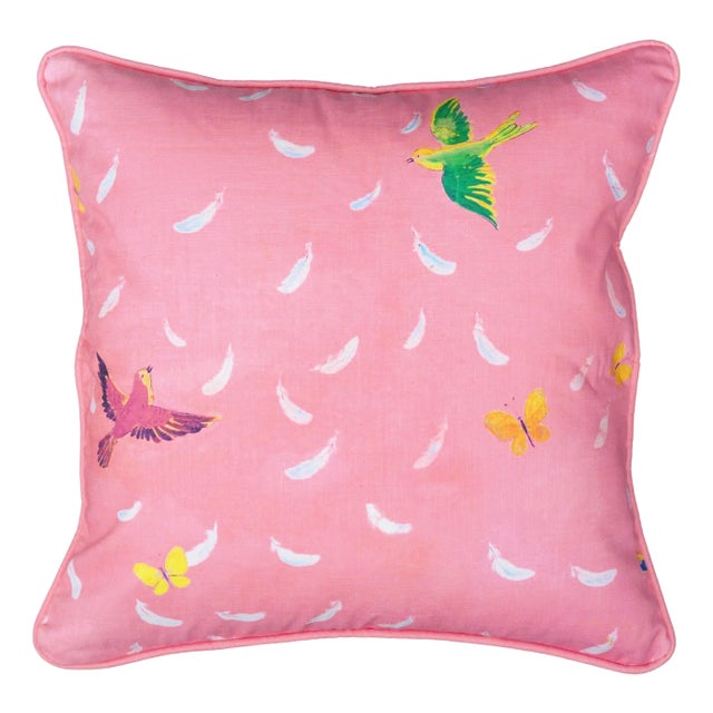 22" Paule Marrot Feathers Pillow in Pink For Sale