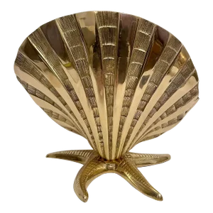 XL Brass Nautical Seashell on Starfish Base Planter Sculpture
