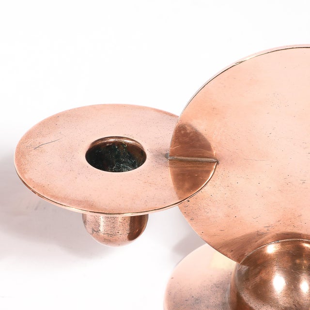 Pair of Art Deco Copper Candlestick Holders by Walter Von Nessen Signed Chase For Sale - Image 12 of 17