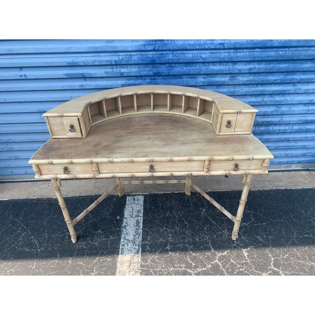 English Ficks Reed Mid-Century Faux Bamboo Desk With Vellum Top and Semicircular Shelf For Sale - Image 3 of 11