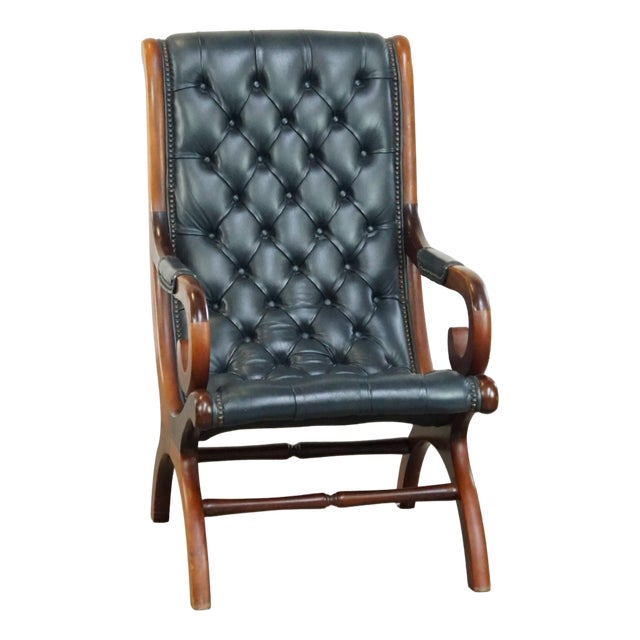 Dark Blue Chesterfield Armchair in Leather and Combined with Wood For Sale