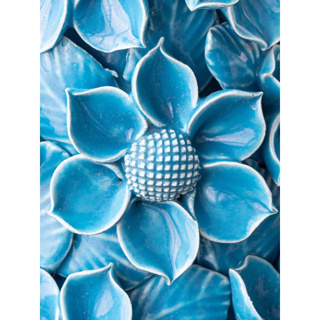 Metal Hand-Carved Turquoise Floral Ceramic Table Lamp with Silk Lampshade from Manises, Spain, 1960s For Sale - Image 7 of 16