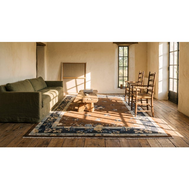 Brown 1920s Brown Floral Medallion Antique Chinese Peking Rug 9'0"x 11'6" Handknotted Wool Carpet For Sale - Image 8 of 9