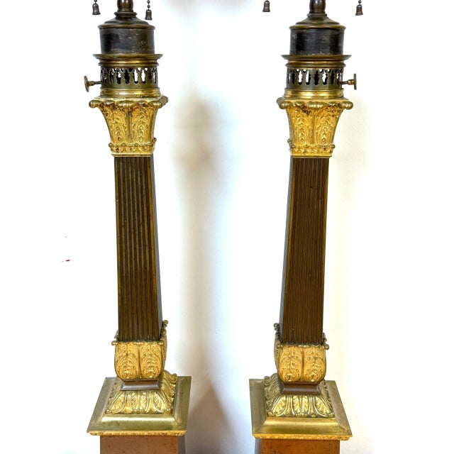 Metal French Empire Ormolu & Patinated Bronze Fluted Column Lamps, Signed, 1830s - a Pair For Sale - Image 7 of 12