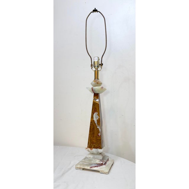 1990s Abstract Large Solid Heavy Brown White Green Onyx Stone Electric Table Lamp Light For Sale - Image 10 of 13