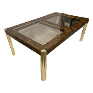 Vintage Burled Walnut & Glass Dining Table With Brass Legs and 2 Leaves For Sale