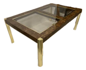 Vintage Burled Walnut & Glass Dining Table With Brass Legs and 2 Leaves