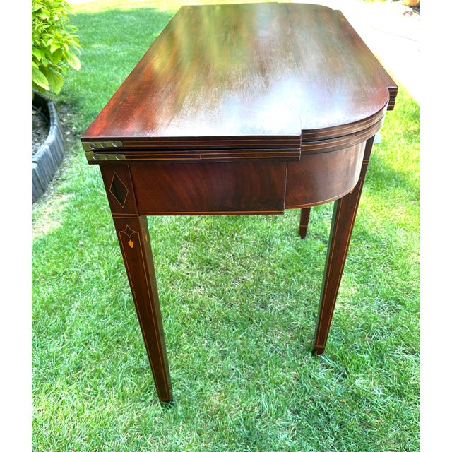 Antique, Flame-Mahogany, Federal Style, Game Table, Swivel and Hinged Flip-Top Mechanism, Geometric String Inlay, C1780-1830, Demilune Console Table For Sale - Image 9 of 12