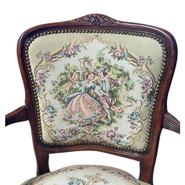 French Provincial Vintage French Louis XV–Style Carved Wood Tapestry Armchair For Sale - Image 3 of 12