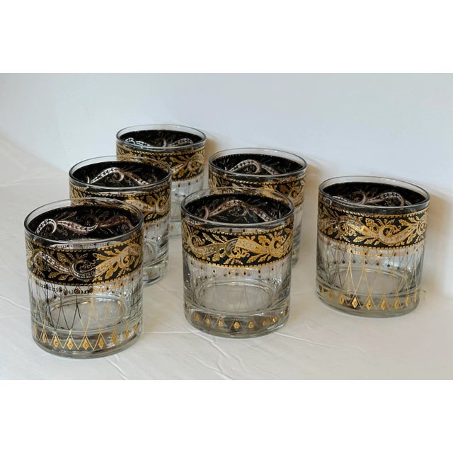1960s Culver Leaf Pattern 22k Gold and Black Lowball Glasses – Set of 6 For Sale In Detroit - Image 6 of 8