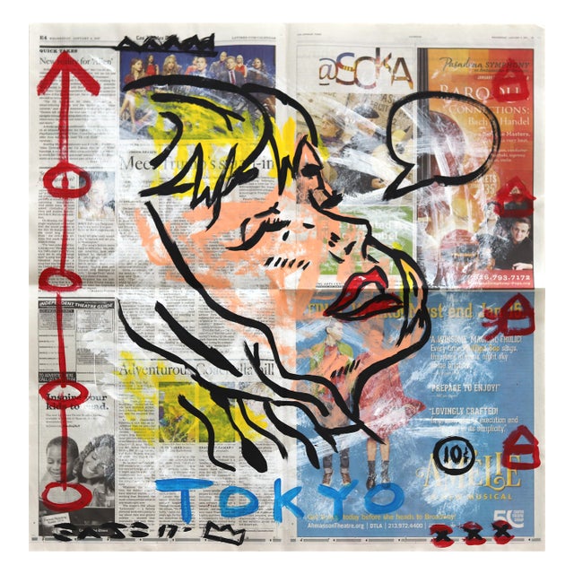Luxury Spa Day in Tokyo - Original Pop Art Acrylic Painting on Newspaper by Gary John For Sale