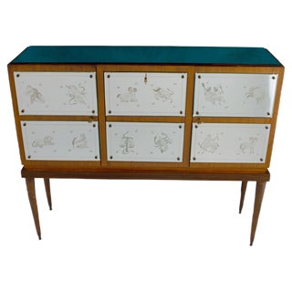 Bar Cabinet with Zodiac Etched Mirrored Glass in the Style of Gio Ponti For Sale