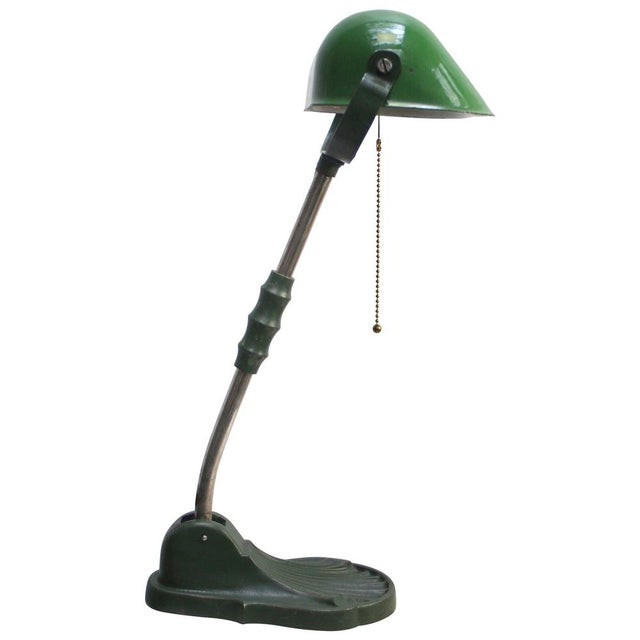 Green enamel, green cast iron desk light / banker’s lamp 2,5 meter black cotton flex, plug and pull switch available with...