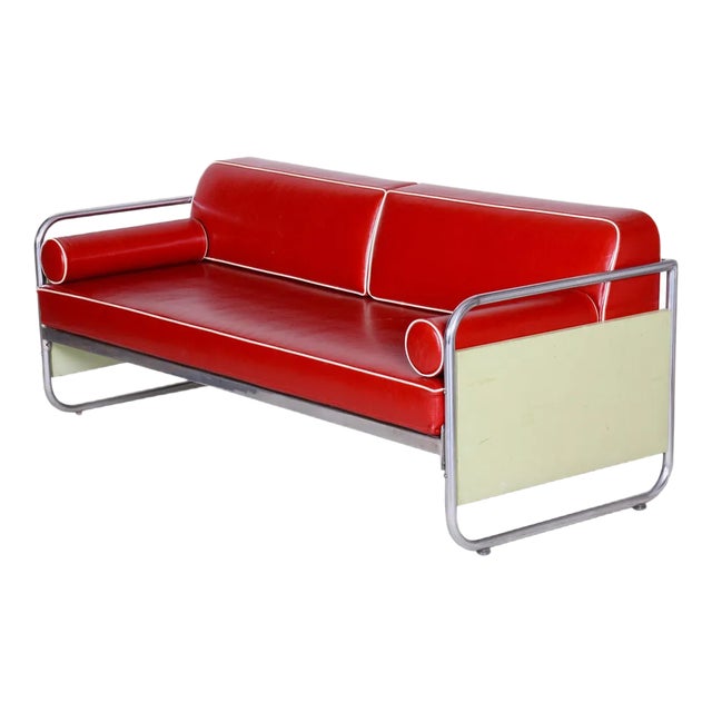 Czechian Bauhaus Sofa in Leather and Chrome from Vichr & Spol, 1930s For Sale