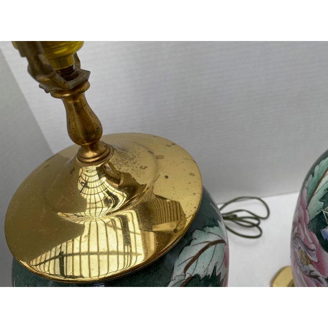 Vintage Chinoiserie Green Ceramic Floral Table Lamps With Brass Bases a Pair For Sale - Image 9 of 18