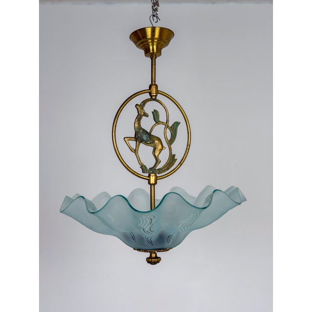 Swedish Grace Pendant Light in Brass and Frosted Glass with Deer Motif, 1940 For Sale - Image 9 of 9